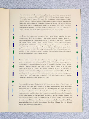 Collezione completa Bicchieri in Scena, design Alessandro MENDINI per VENINI, con tre basamenti firmati e catalogo. Murano, 1993-94-95