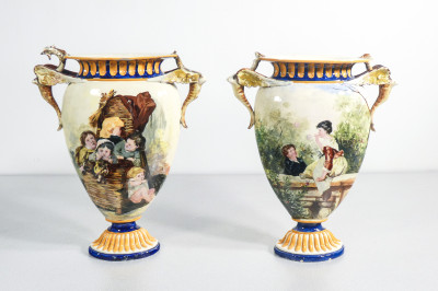 ?? COPPIA VASI FIRMATI FRATELLI MUSSO SAVONA CERAMICA DIPINTA A MANO EPOCA