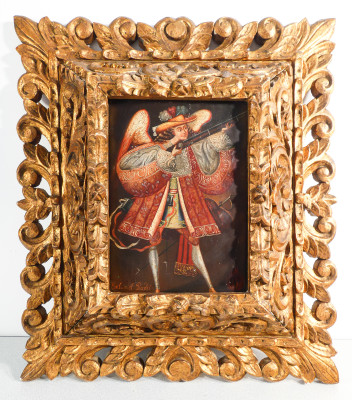 Dipinto a olio su tela Angelo Archibugiere Salamiel Pax Dei, scuola di Cuzco. Cornice in stile barocco andino, in legno scolpito e dorato. Perù, Inizio Settecento