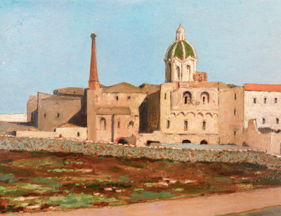 Dipinto a olio raffigurante un borgo. Pasquale ROSSI. Italia, Fine Ottocento