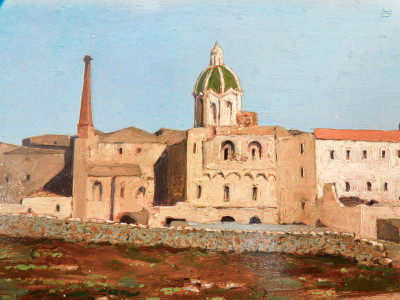 Dipinto a olio raffigurante un borgo. Pasquale ROSSI. Italia, Fine Ottocento