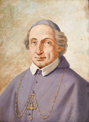 Dipinto a olio su tela, Prelato in bella cornice barocca Luigi XIV, dorata in foglia oro. 1700/1800