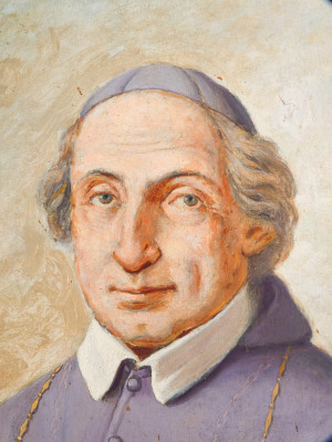 Dipinto a olio su tela, Prelato in bella cornice barocca Luigi XIV, dorata in foglia oro. 1700/1800