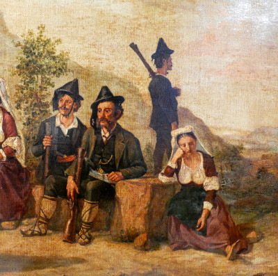 Dipinto a olio su tela raffigurante paesani, ufficiali statali e soldati Italia, Secondo Ottocento.