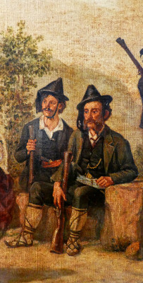 Dipinto a olio su tela raffigurante paesani, ufficiali statali e soldati Italia, Secondo Ottocento.