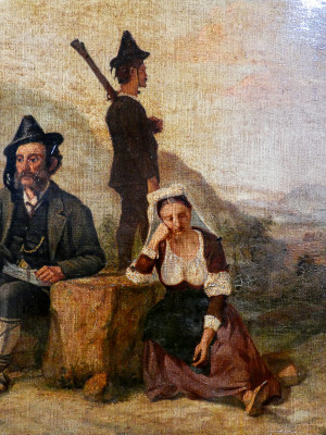 Dipinto a olio su tela raffigurante paesani, ufficiali statali e soldati Italia, Secondo Ottocento.