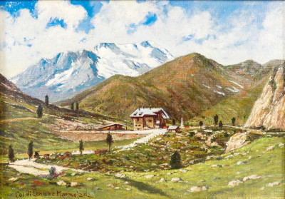 Dipinto a olio su tavola Col di Lana e Marmolada, di Domenico BURATTI (1899-1967). Italia, Prima metà del Novecento