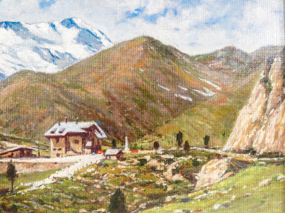 Dipinto a olio su tavola Col di Lana e Marmolada, di Domenico BURATTI (1899-1967). Italia, Prima metà del Novecento