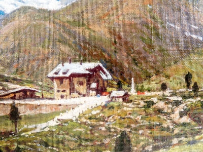 Dipinto a olio su tavola Col di Lana e Marmolada, di Domenico BURATTI (1899-1967). Italia, Prima metà del Novecento