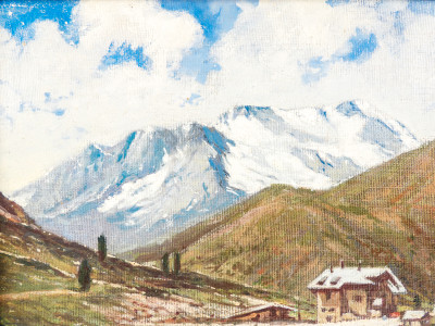 Dipinto a olio su tavola Col di Lana e Marmolada, di Domenico BURATTI (1899-1967). Italia, Prima metà del Novecento