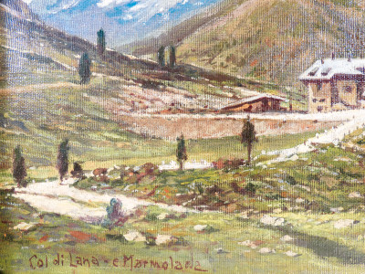 Dipinto a olio su tavola Col di Lana e Marmolada, di Domenico BURATTI (1899-1967). Italia, Prima metà del Novecento
