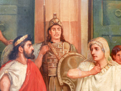 Dipinto a olio su tela firmato Charles Edmund BROCK Scena in ambientazione romana. Inghilterra, 1888