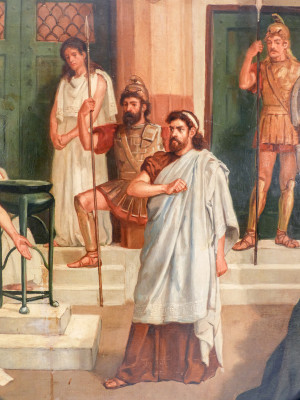 Dipinto a olio su tela firmato Charles Edmund BROCK Scena in ambientazione romana. Inghilterra, 1888