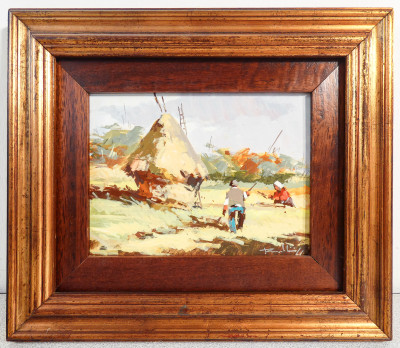 ?? QUADRO FIRMATO CONTADINI CAMPAGNA DIPINTO OLIO TAVOLA EPOCA PAESAGGIO ITALIA