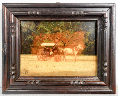 Dipinto a olio su tavola raffigurante un calesse con cavallo e figure, firmato alla base. Inghilterra, 1890