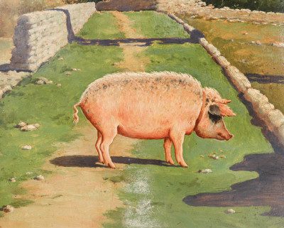 Dipinto raffigurante un paesaggio rurale e la figura di un maiale. Pasquale ROSSI. Olio su tavola. Italia, Fine Ottocento