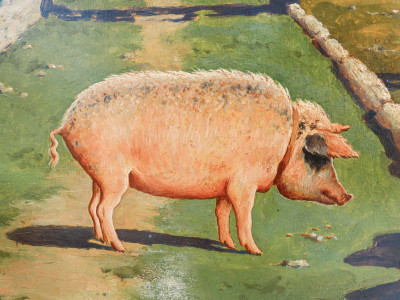 Dipinto raffigurante un paesaggio rurale e la figura di un maiale. Pasquale ROSSI. Olio su tavola. Italia, Fine Ottocento