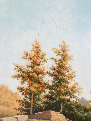 Dipinto raffigurante un paesaggio rurale e la figura di un maiale. Pasquale ROSSI. Olio su tavola. Italia, Fine Ottocento