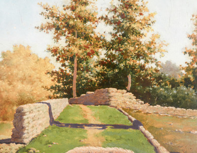 Dipinto raffigurante un paesaggio rurale e la figura di un maiale. Pasquale ROSSI. Olio su tavola. Italia, Fine Ottocento