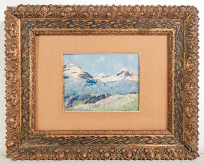 Dipinto a olio su tavola Paesaggio montano innevato in bella cornice liberty. Italia, Fine Ottocento