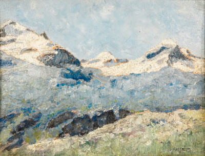 Dipinto a olio su tavola Paesaggio montano innevato in bella cornice liberty. Italia, Fine Ottocento