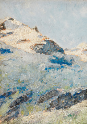 Dipinto a olio su tavola Paesaggio montano innevato in bella cornice liberty. Italia, Fine Ottocento