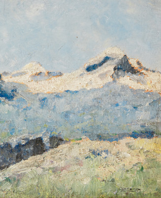 Dipinto a olio su tavola Paesaggio montano innevato in bella cornice liberty. Italia, Fine Ottocento