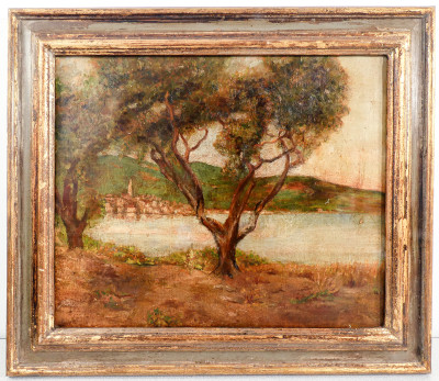 Dipinto a olio su tela Pesaggio lacustre. Scuola italiana, Ottocento