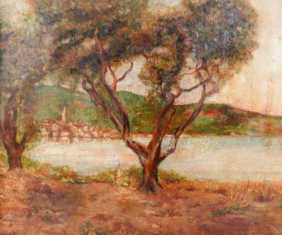Dipinto a olio su tela Pesaggio lacustre. Scuola italiana, Ottocento