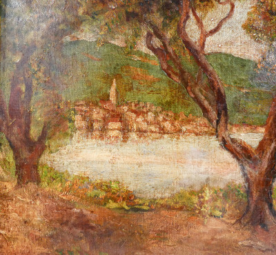 Dipinto a olio su tela Pesaggio lacustre. Scuola italiana, Ottocento