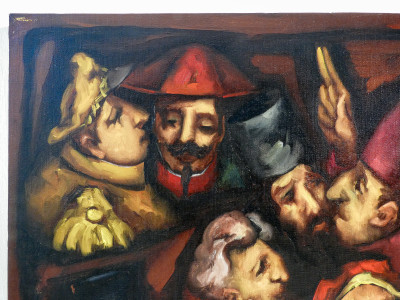 Quadro raffigurante scena satirica grottesca, titolato sul retro I costruttori sistematici. olio su tela. Firmato alla base. Italia, Anni 80/90 