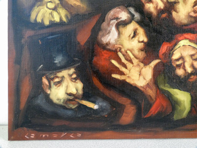 Quadro raffigurante scena satirica grottesca, titolato sul retro I costruttori sistematici. olio su tela. Firmato alla base. Italia, Anni 80/90 