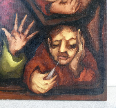Quadro raffigurante scena satirica grottesca, titolato sul retro I costruttori sistematici. olio su tela. Firmato alla base. Italia, Anni 80/90 