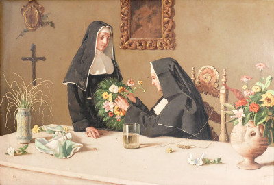 Dipinto a olio su tela Badessa e suora. Pasquale ROSSI. Italia, 1891
