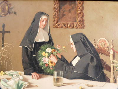 Dipinto a olio su tela Badessa e suora. Pasquale ROSSI. Italia, 1891