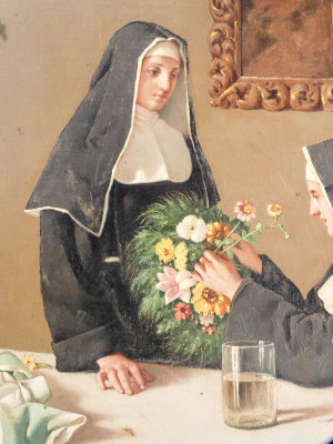 Dipinto a olio su tela Badessa e suora. Pasquale ROSSI. Italia, 1891