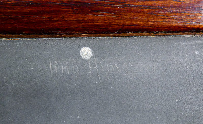 Scatola in legno con lastra litografica dell'opera di Tino AIME Notturno sulla Langa, inserita nel coperchio. Italia, Anni 70
