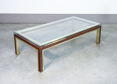 Tavolino da fumo di design italiano in legno, ottone e vetro. Italia, Anni 50