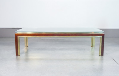 Tavolino da fumo di design italiano in legno, ottone e vetro. Italia, Anni 50