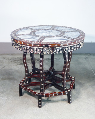 ?? TAVOLO LEGNO SCOLPITO INTARSIATO MARMO CINA EPOCA 1800 PIANO TONDO YIN YANG