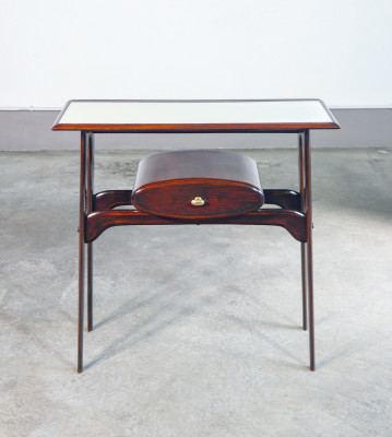 Console, design Ignazio GARDELLA in legno, cassetto e piano in vetro. Italia, Anni 50