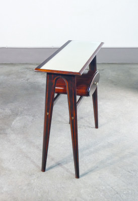 Console, design Ignazio GARDELLA in legno, cassetto e piano in vetro. Italia, Anni 50