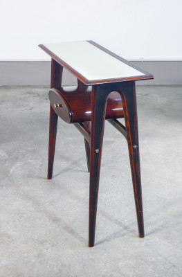 Console, design Ignazio GARDELLA in legno, cassetto e piano in vetro. Italia, Anni 50