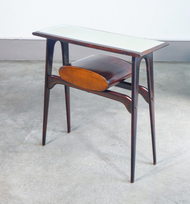 Console, design Ignazio GARDELLA in legno, cassetto e piano in vetro. Italia, Anni 50