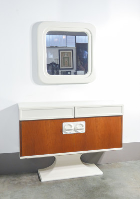 Consolle con specchiera, design Luigi SORMANI, in legno e materiali plastici. Italia, Anni 70