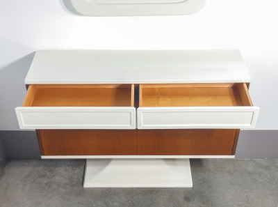 Consolle con specchiera, design Luigi SORMANI, in legno e materiali plastici. Italia, Anni 70