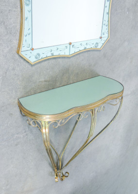 Consolle con specchio, design CRISTAL ART, in ottone, con specchio bicolore molato. Italia, Anni 50