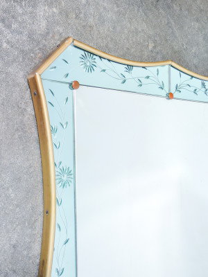 Consolle con specchio, design CRISTAL ART, in ottone, con specchio bicolore molato. Italia, Anni 50