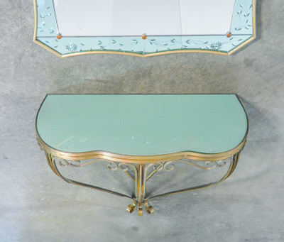 Consolle con specchio, design CRISTAL ART, in ottone, con specchio bicolore molato. Italia, Anni 50