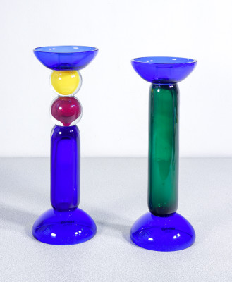Coppia di candelieri in vetro soffiato, design Alfredo BARBINI. Murano, Anni 70